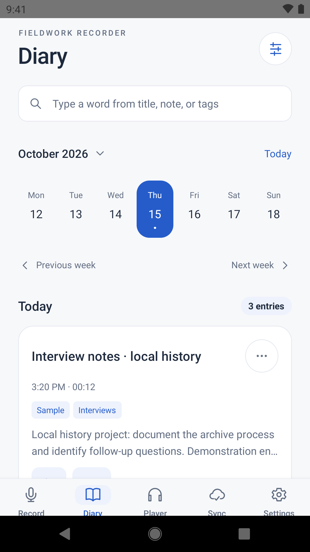 Android Diary screen showing a calendar, search and tagged sample research entries