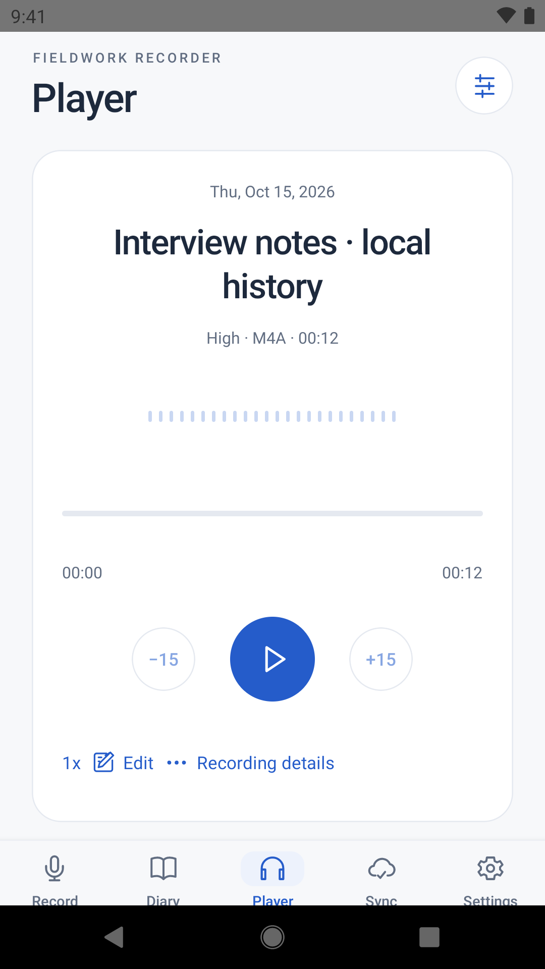 Android Player screen with a sample interview, seeking, playback speed and editing controls