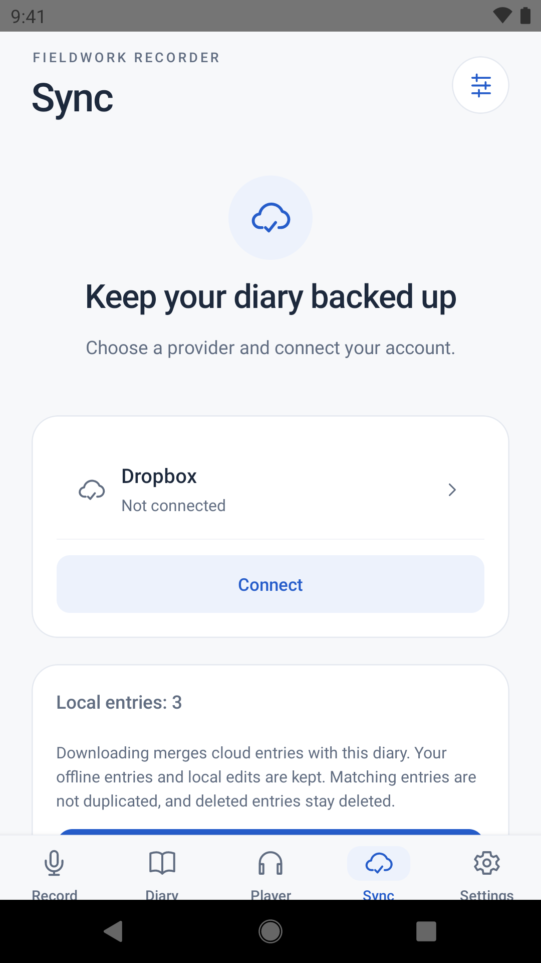 Android Sync screen showing a disconnected cloud provider and archive export controls